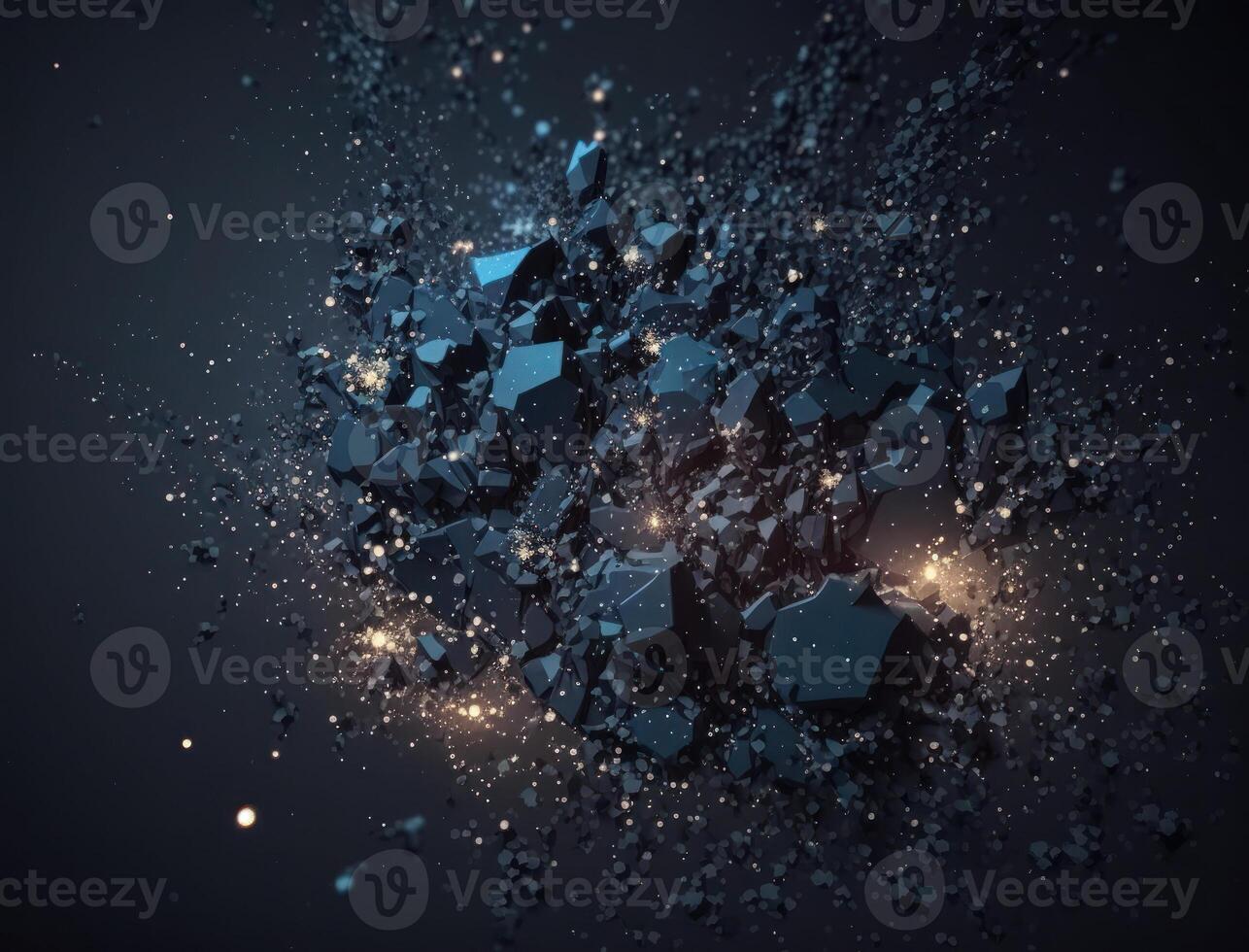 Dark blue and glow particle abstract background Blurry bokeh background with sparkles, particles and glitter created with technology photo