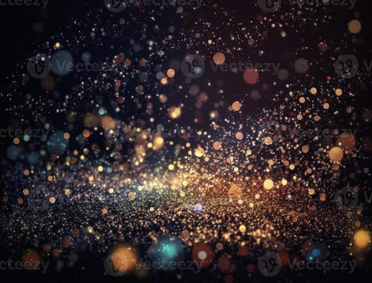 Dark blue and glow particle abstract background Blurry bokeh background with sparkles, particles and glitter created with technology photo