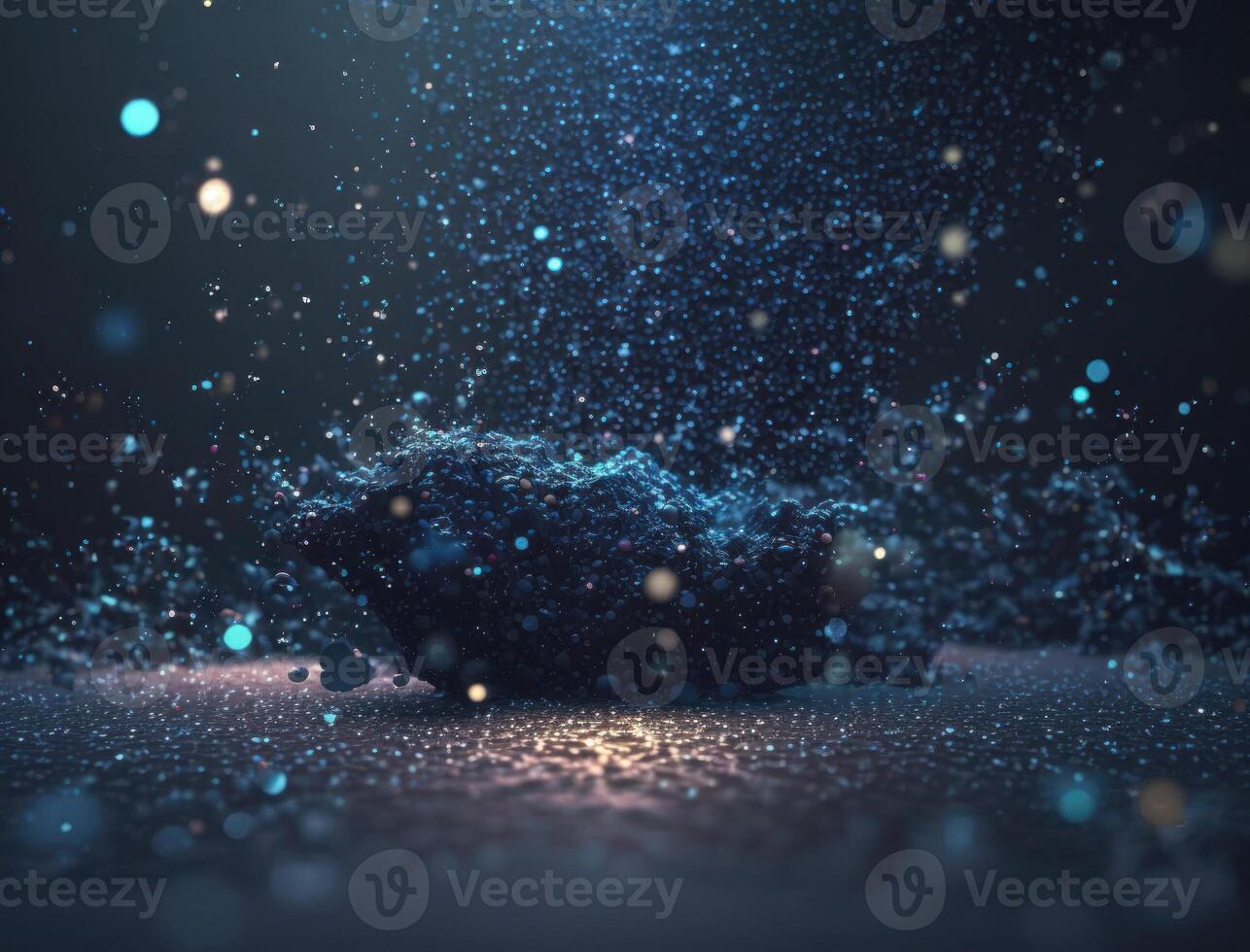 Dark blue and glow particle abstract background Blurry bokeh background with sparkles, particles and glitter created with technology photo