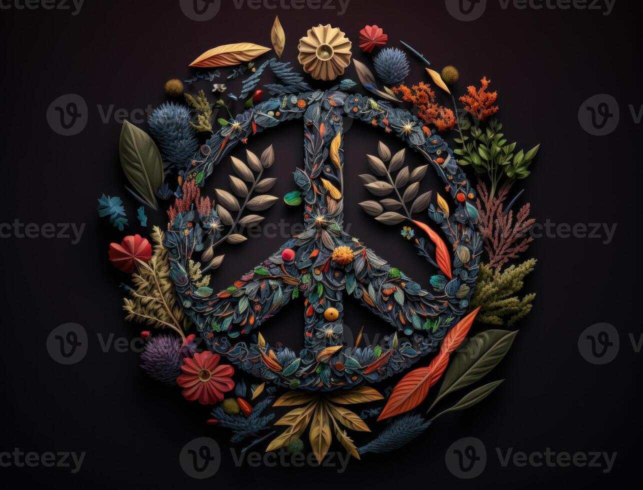 Peace symbol made by floral elements created with technology photo