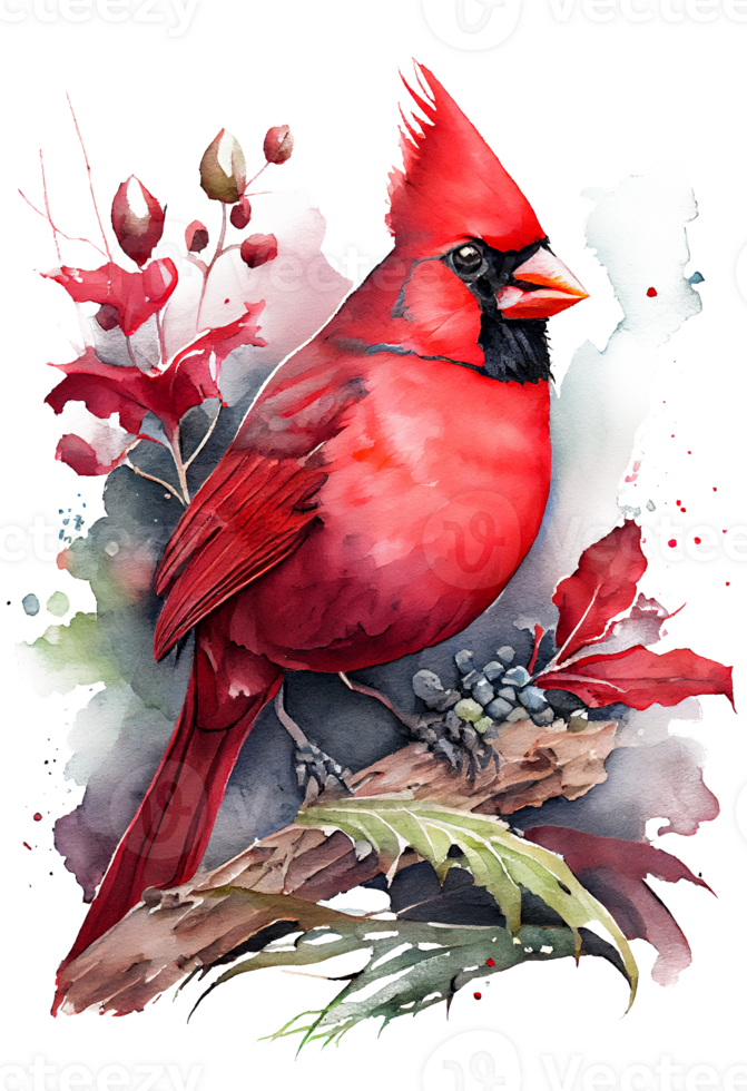 Watercolor Red Cardinal with flower on a branch, watercolor painting. png