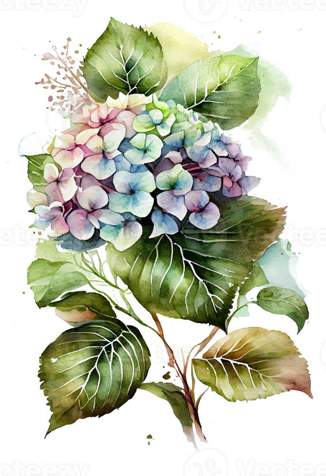 Hydrangea flowers, branches and leaves, watercolor painting. png
