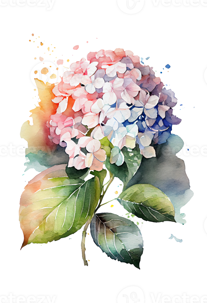 Hydrangea flowers, branches and leaves, watercolor painting. png