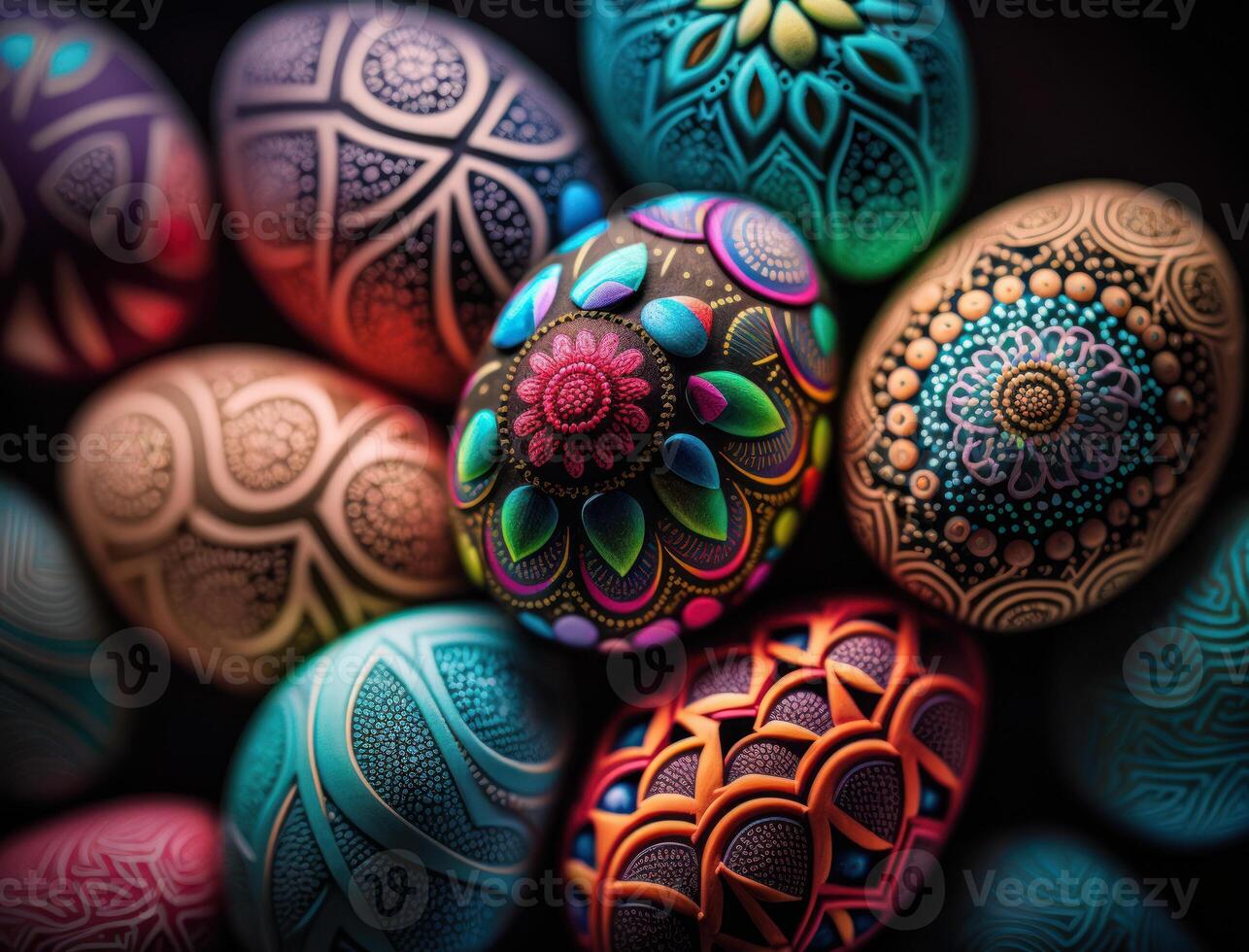 Happy Easter background concept with colorful easter eggs flat lay created with technology photo