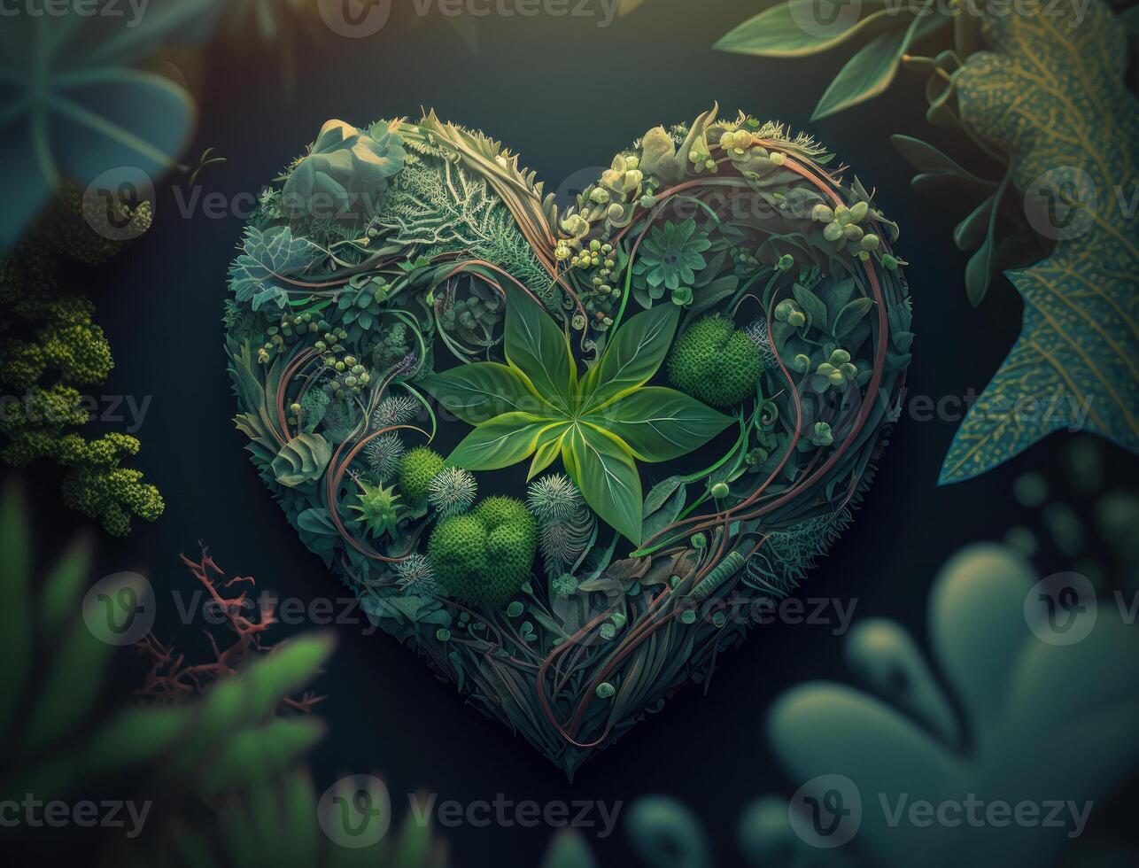 Green heart made by foliage that represents environmental protection created with technology photo