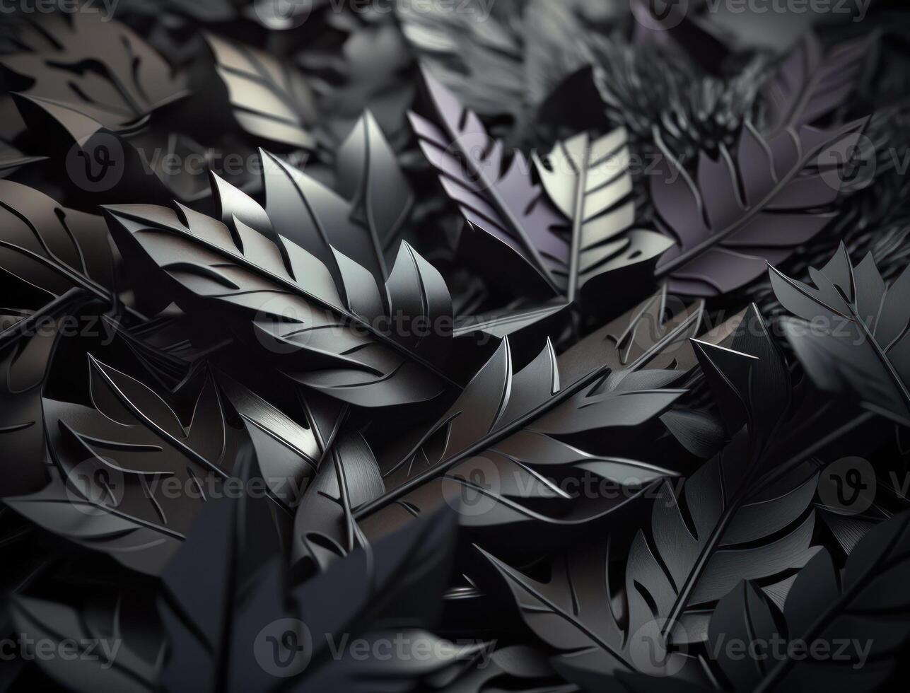 Abstract dark black metallic leaves background created with technology photo