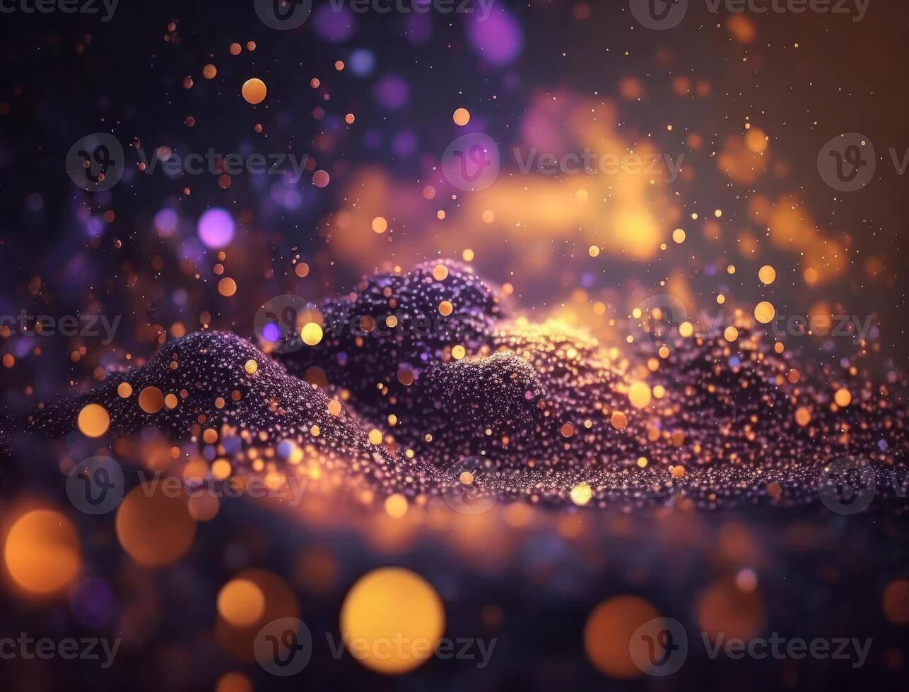 Dark blue and glow particle abstract background Blurry bokeh background with sparkles, particles and glitter created with technology photo