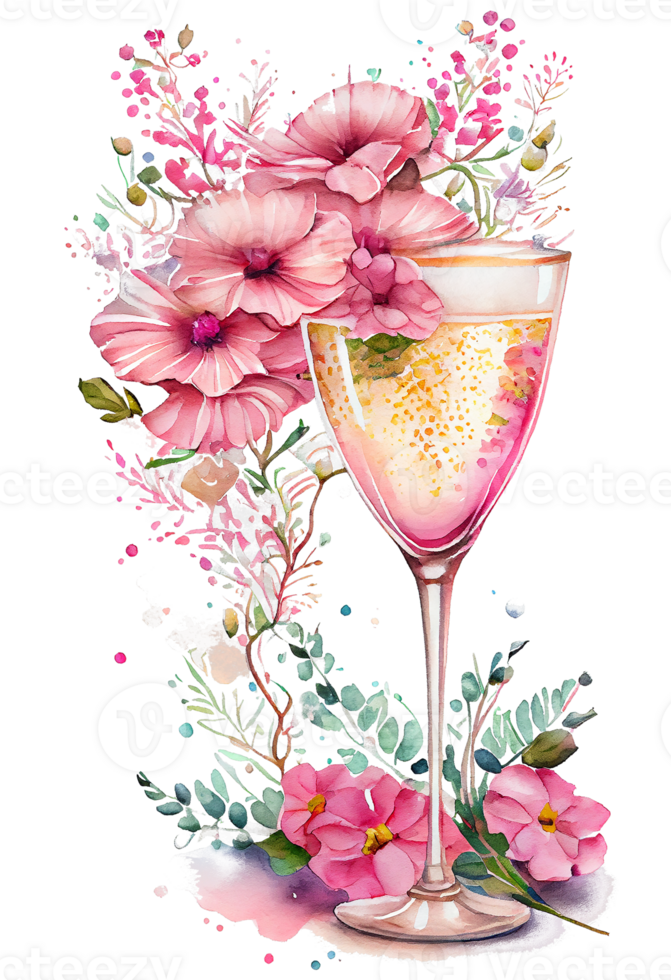 Watercolor pink wine glass with roses, card design for Valentine's day, champagne glass with flowers, . png