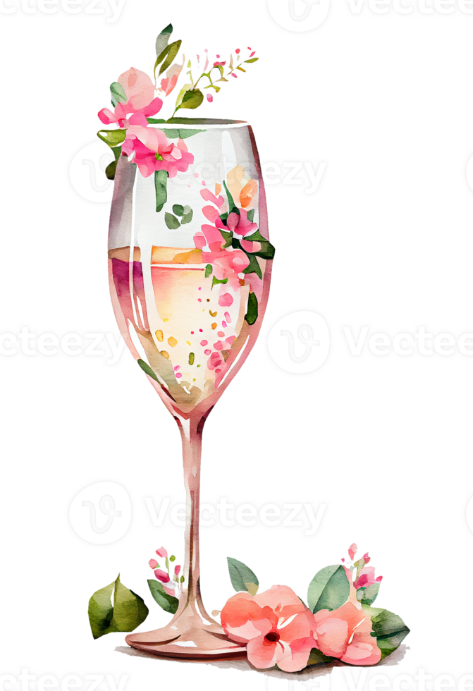 Watercolor pink wine glass with roses, card design for Valentine's day, champagne glass with flowers, . png