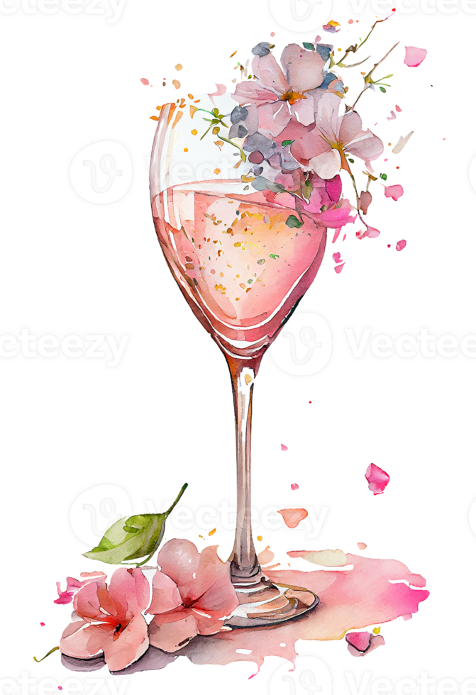 Watercolor pink wine glass with roses, card design for Valentine's day, champagne glass with flowers, . png