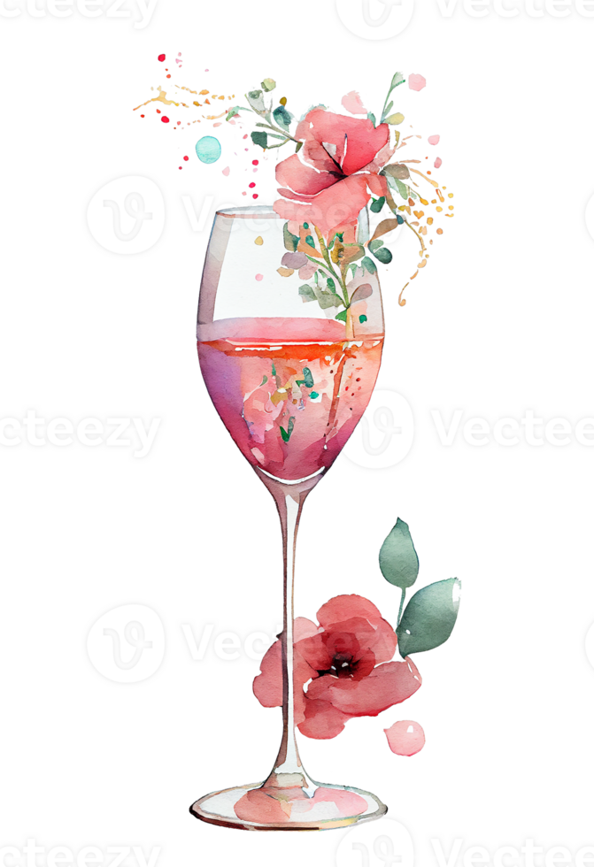 Watercolor pink wine glass with roses, card design for Valentine's day, champagne glass with flowers, . png
