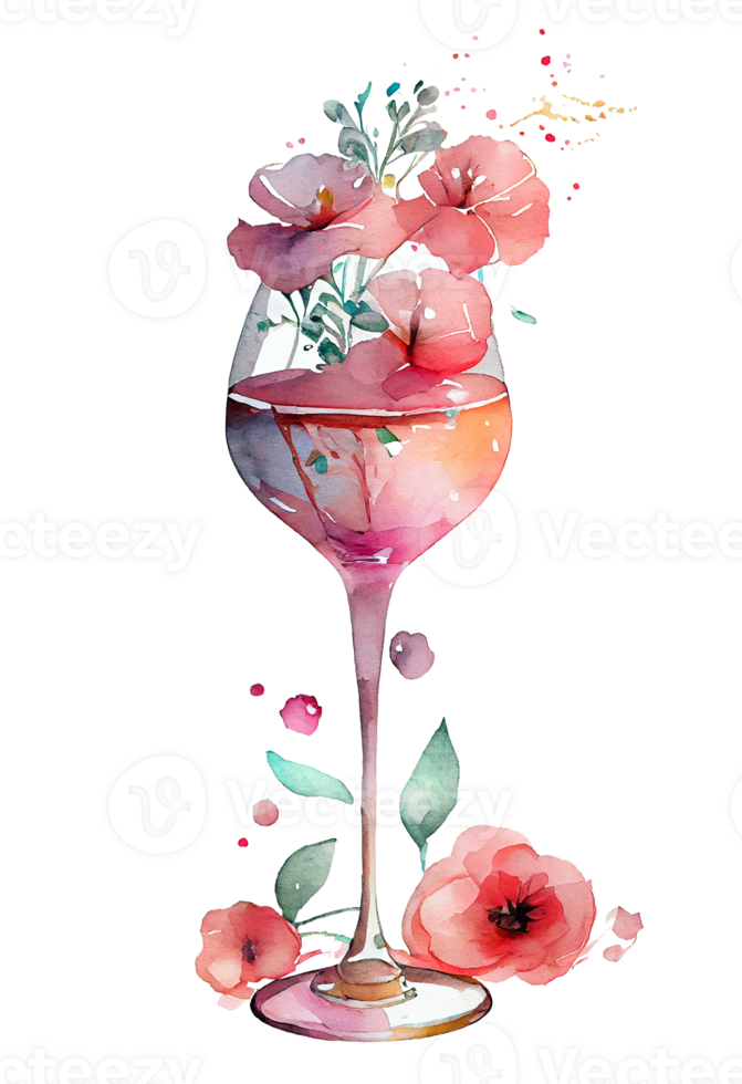 Watercolor pink wine glass with roses, card design for Valentine's day, champagne glass with flowers, . png