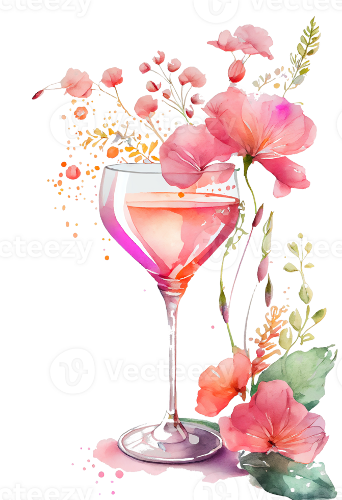 acuarela rosado vino vaso con rosas, tarjeta diseño para San Valentín día, champán vaso con flores, generativo ai. png