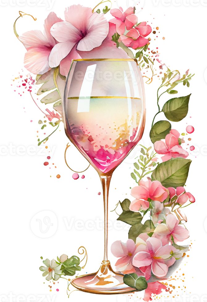 aquarelle rose du vin verre avec des roses, carte conception pour la Saint-Valentin jour, Champagne verre avec fleurs, génératif ai. png