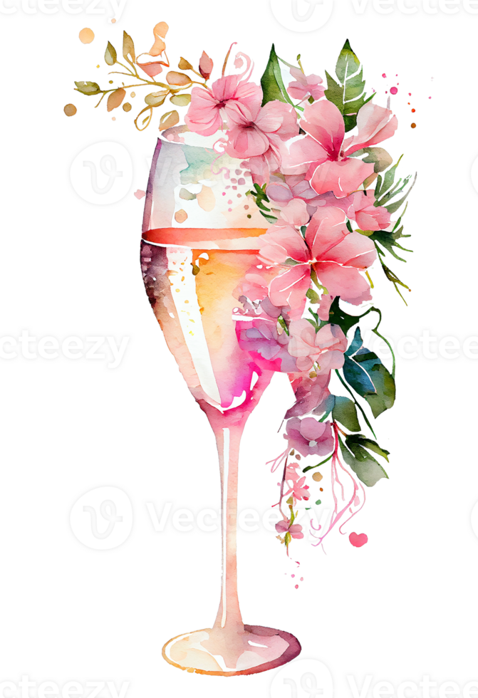 waterverf roze wijn glas met rozen, kaart ontwerp voor Valentijnsdag dag, Champagne glas met bloemen, generatief ai. png