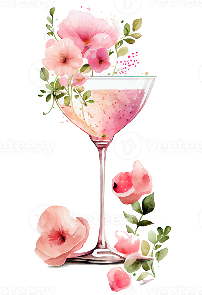 vattenfärg rosa vin glas med rosor, kort design för hjärtans dag, champagne glas med blommor, generativ ai. png