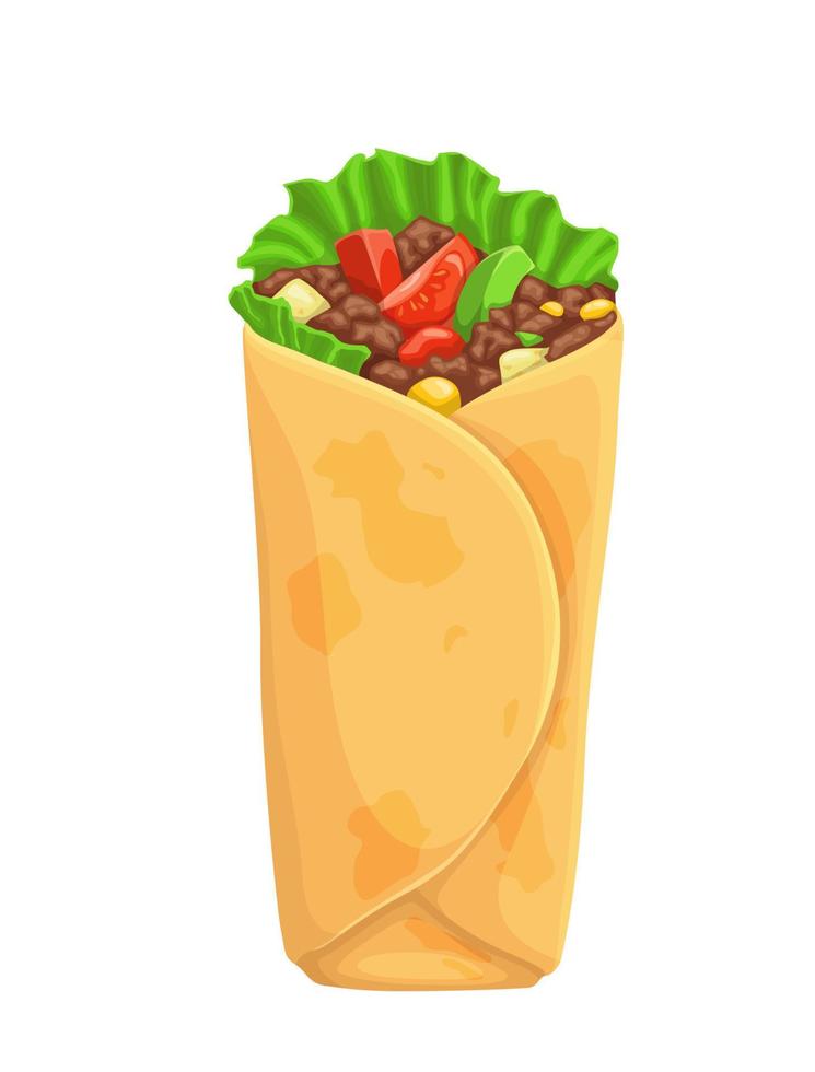 Cartoon shawarma, doner kebab, gyro wrap sandwich vector