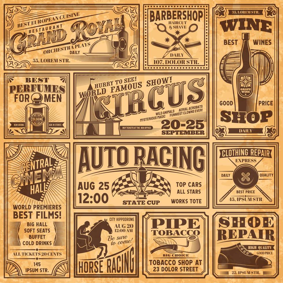 Vintage newspaper banners, old advertising page vector