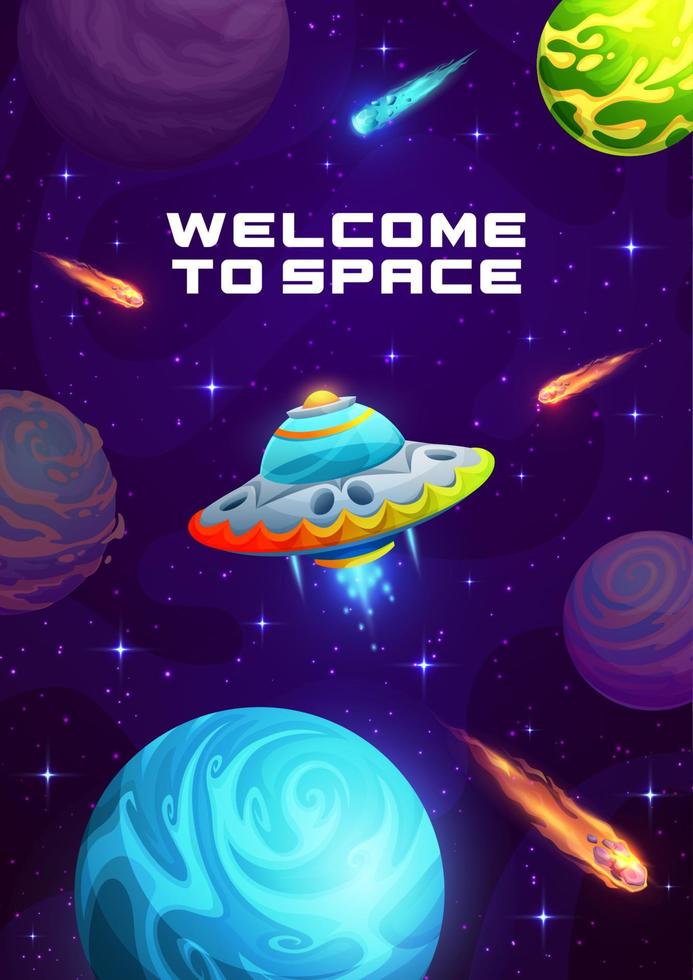 Cartoon galaxy space poster, universe landscape vector