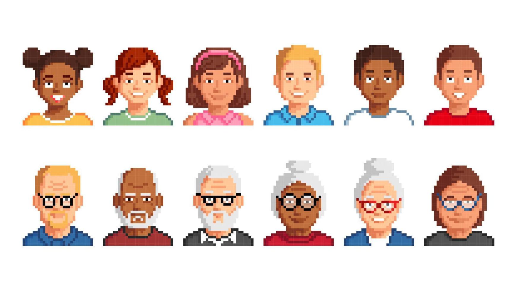 Avatar pixel characters of seniors and kids vector