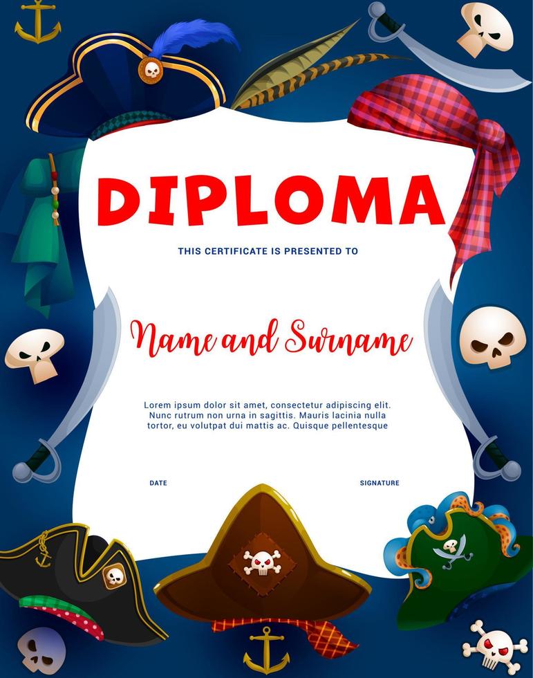 Kids diploma with pirate hats, sabers and skulls vector