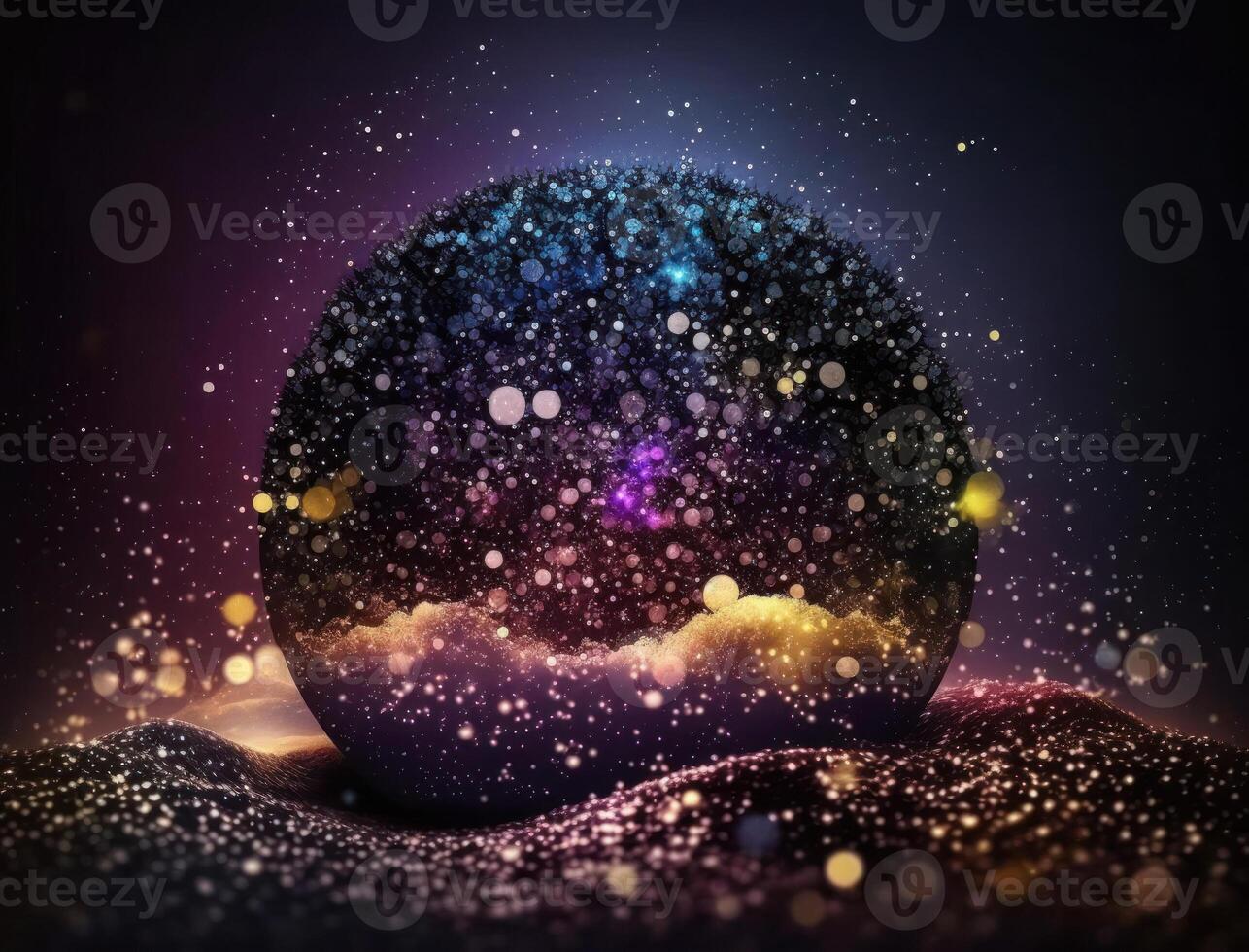 Dark blue and glow particle abstract background Blurry bokeh background with sparkles, particles and glitter created with technology photo