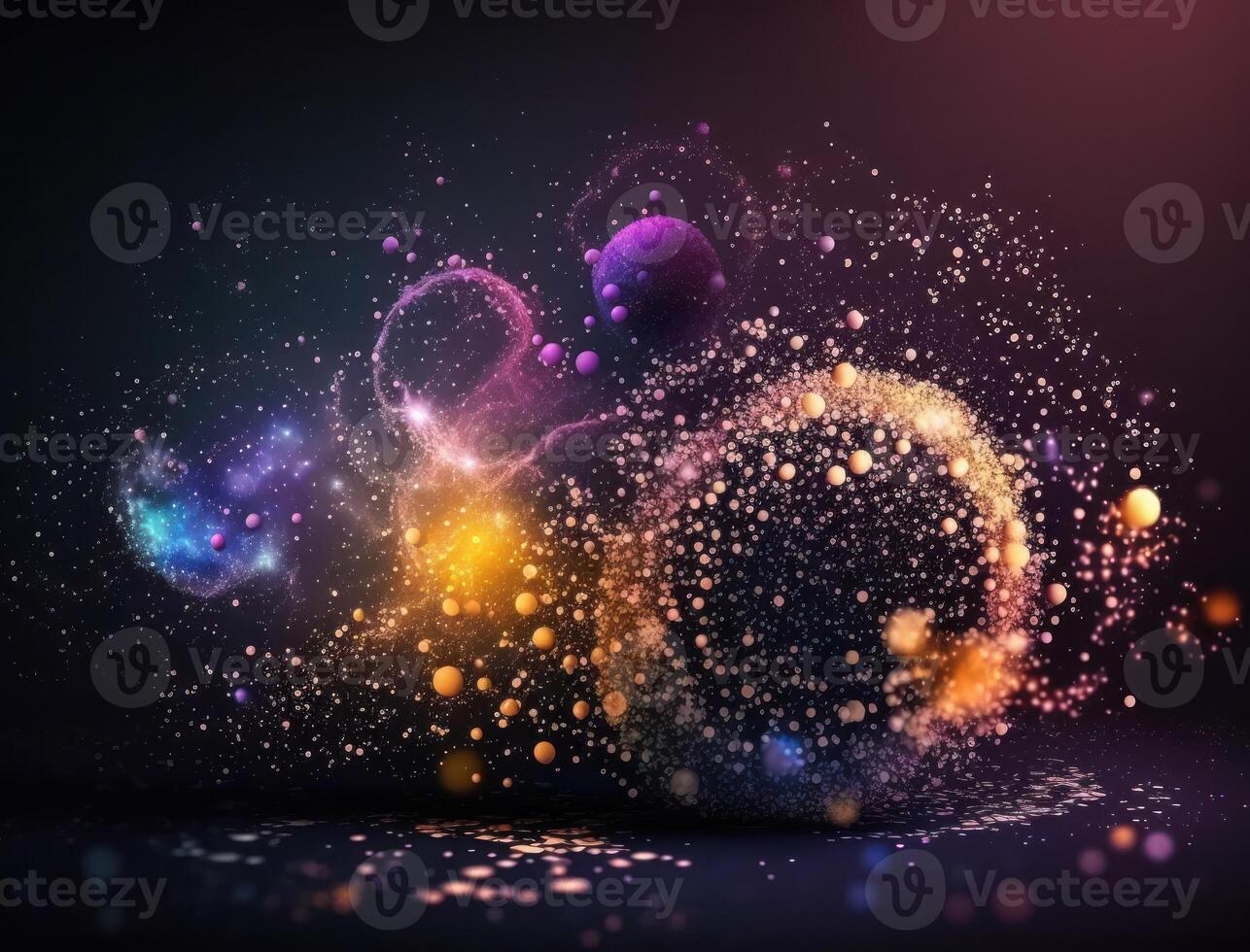 Dark blue and glow particle abstract background Blurry bokeh background with sparkles, particles and glitter created with technology photo