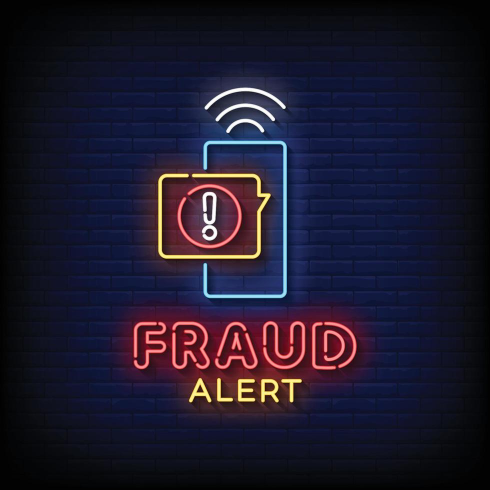 Neon Sign fraud alert with brick wall background vector