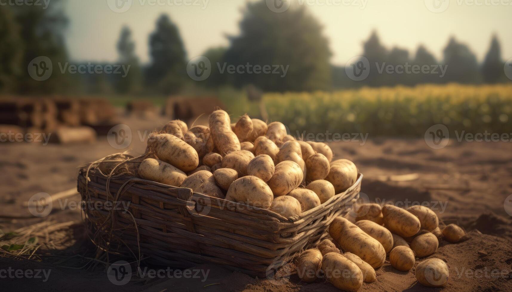 A basket of potatoes on a rustic table of potatoes field background. photo