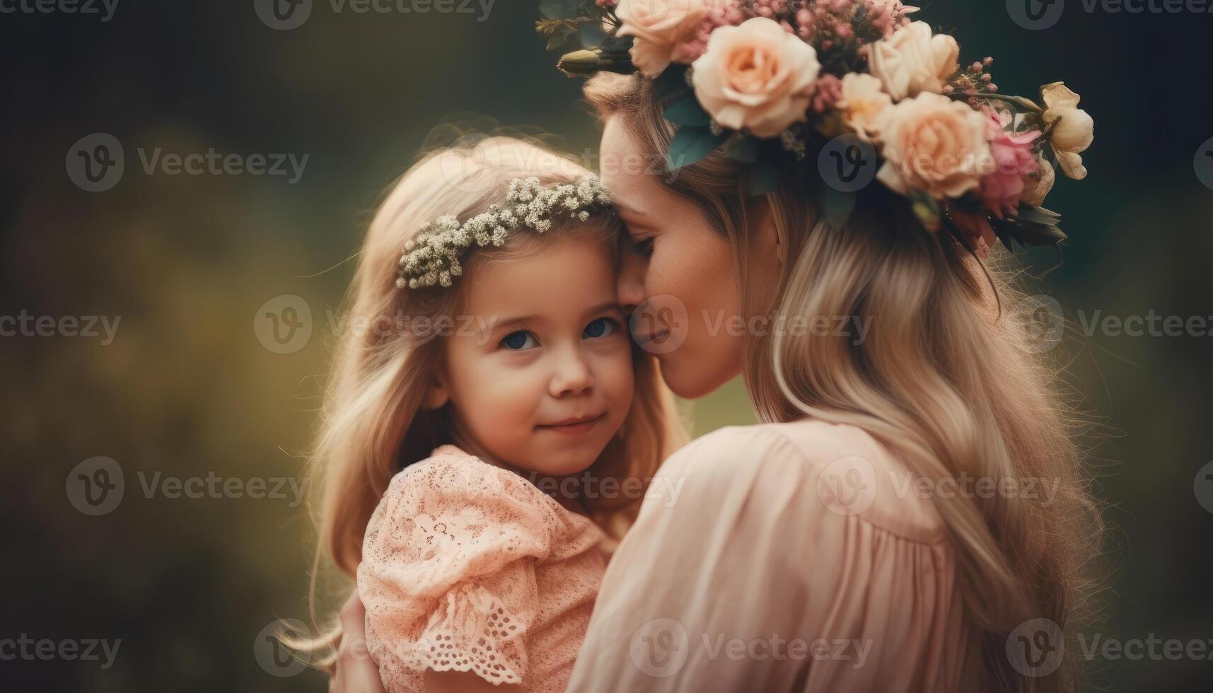 Little girl holding flowers, hugging her mother and celebrating mother's day. photo