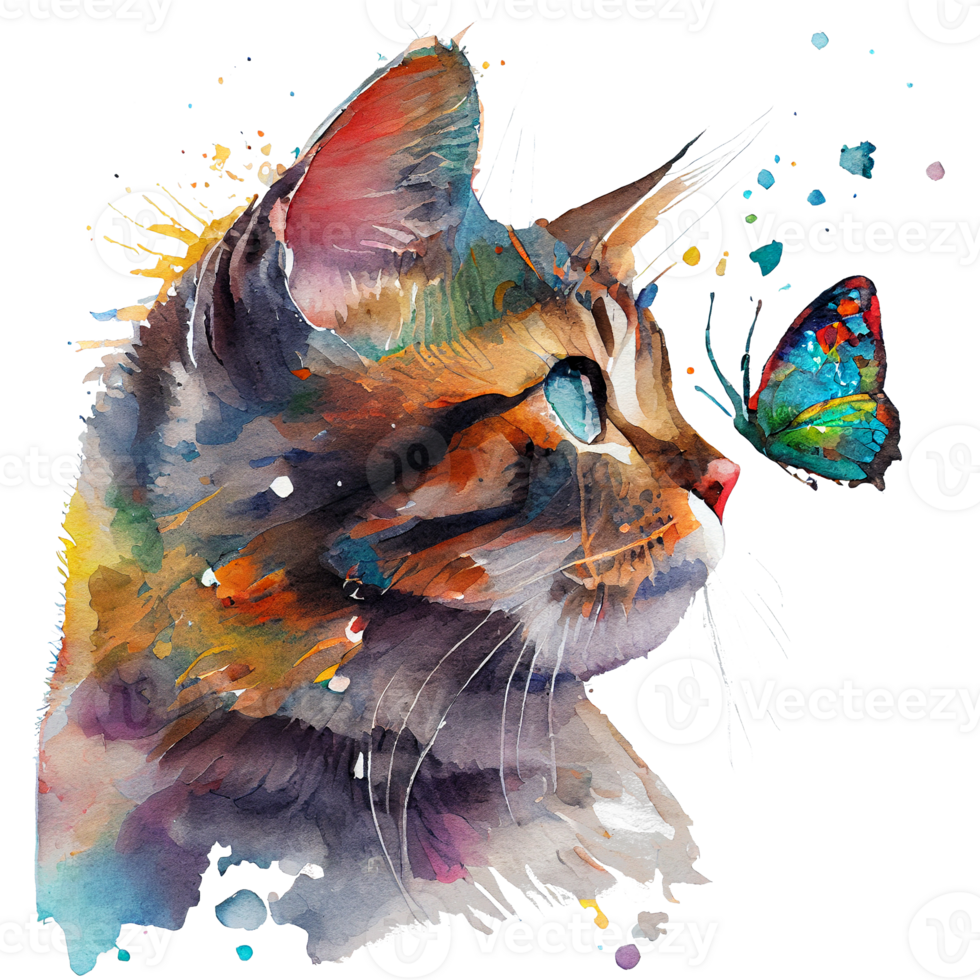 Katze mit Schmetterling Aquarell, Katze suchen beim Schmetterling. generativ ai png