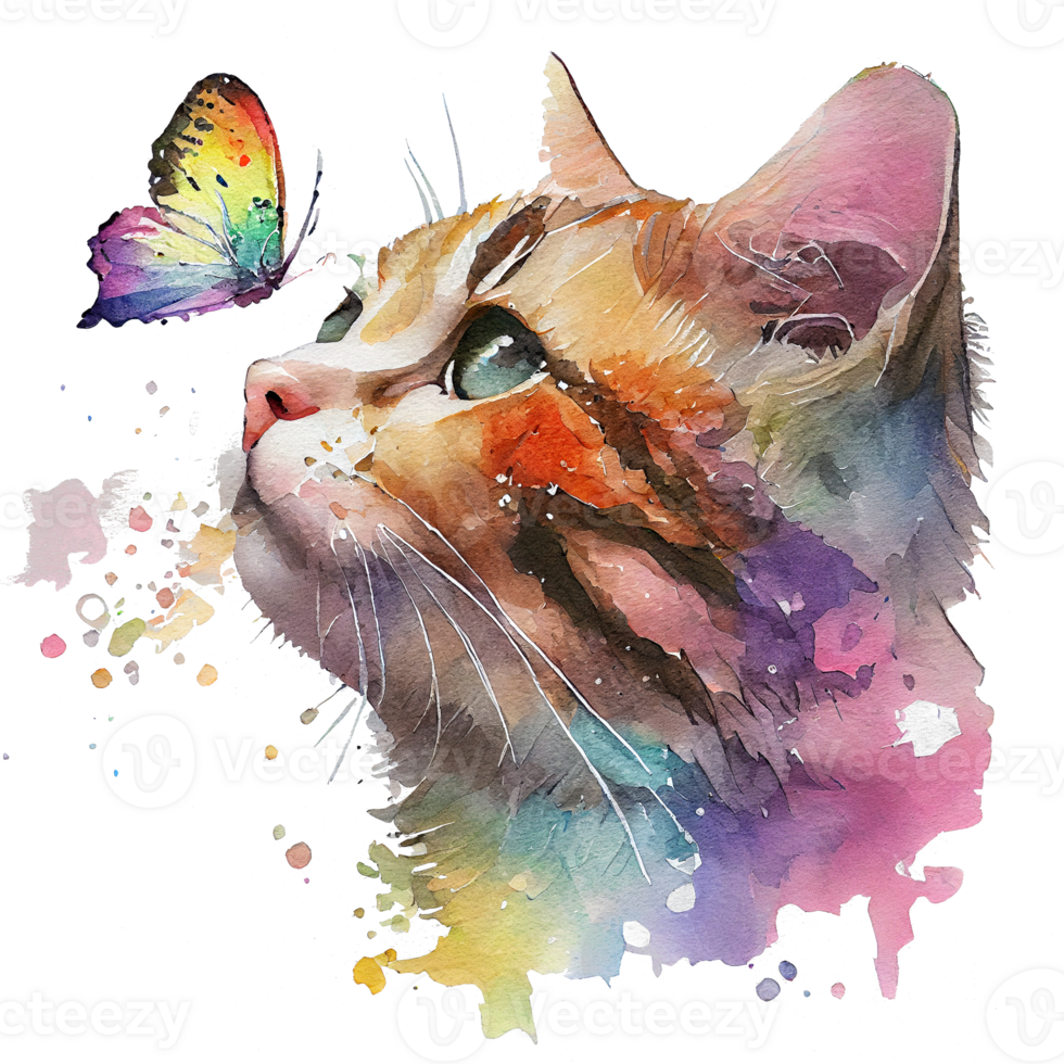 Cat with butterfly watercolor, cat looking at butterfly. png