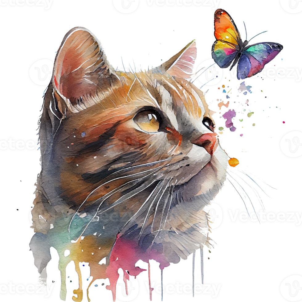 Cat with butterfly watercolor, cat looking at butterfly. png