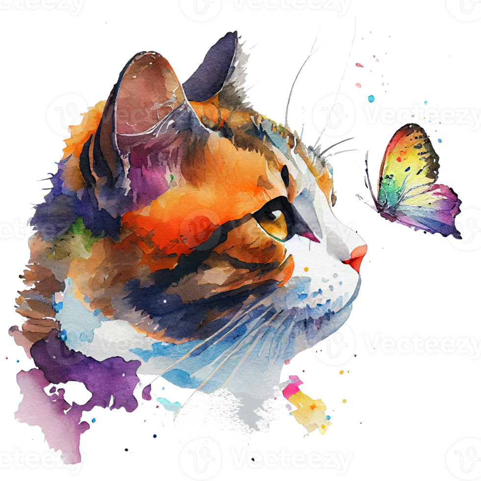 Cat with butterfly watercolor, cat looking at butterfly. png