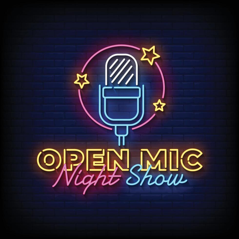 Neon Sign open mic night show with brick wall background vector