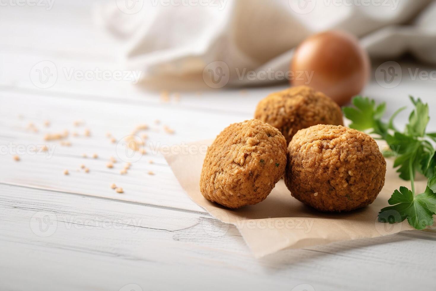 Fresh tasty falafel on a paper sheet on a white table. . photo