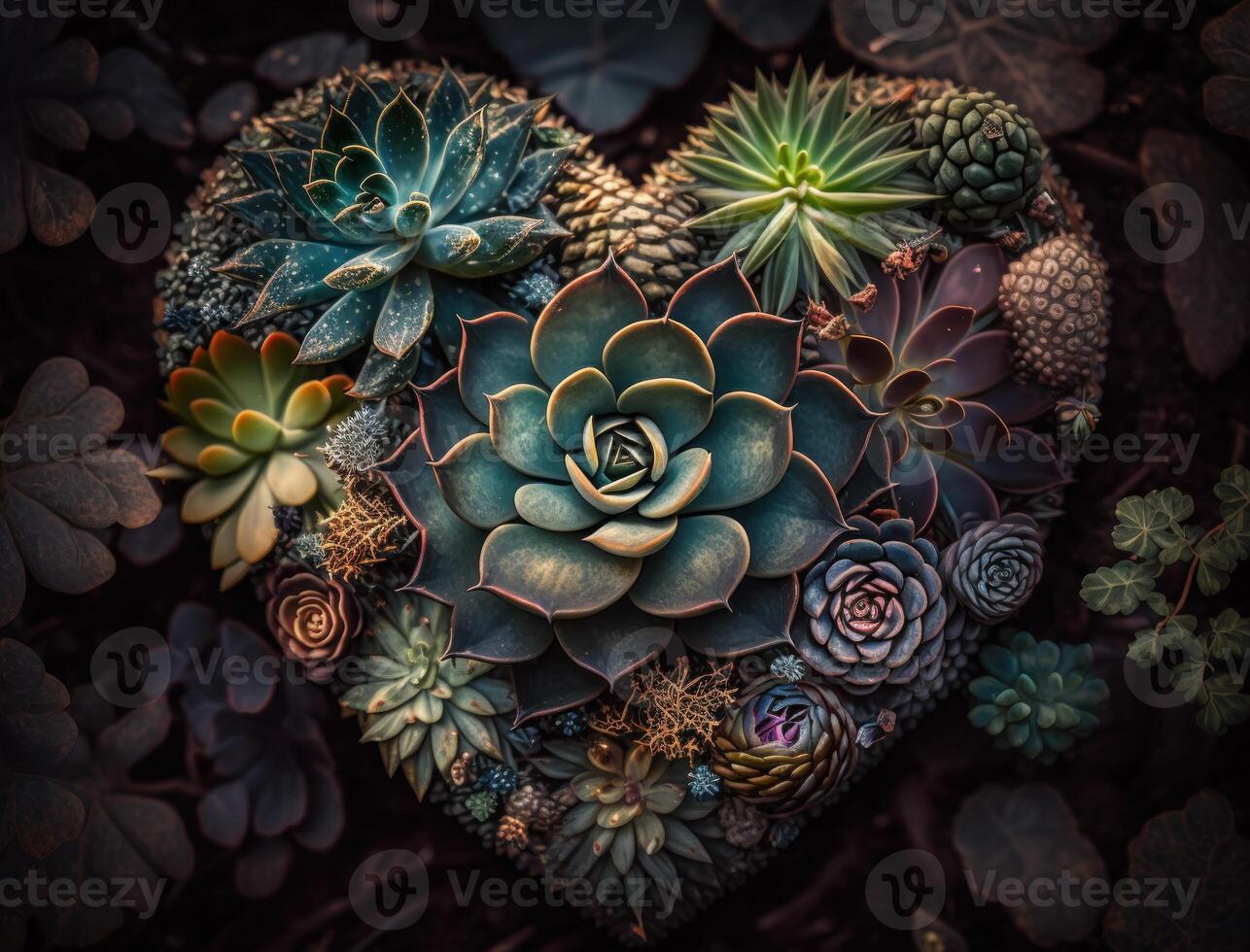 Green heart made by various succulents Environmental protection concept created with technology photo