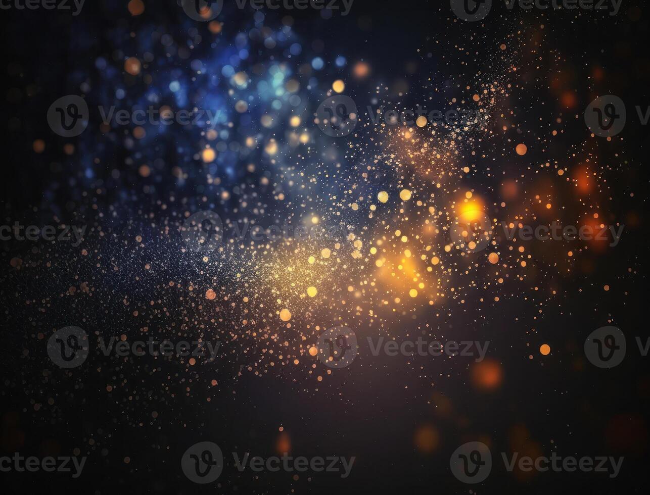Dark blue and glow particle abstract background Blurry bokeh background with sparkles, particles and glitter created with technology photo