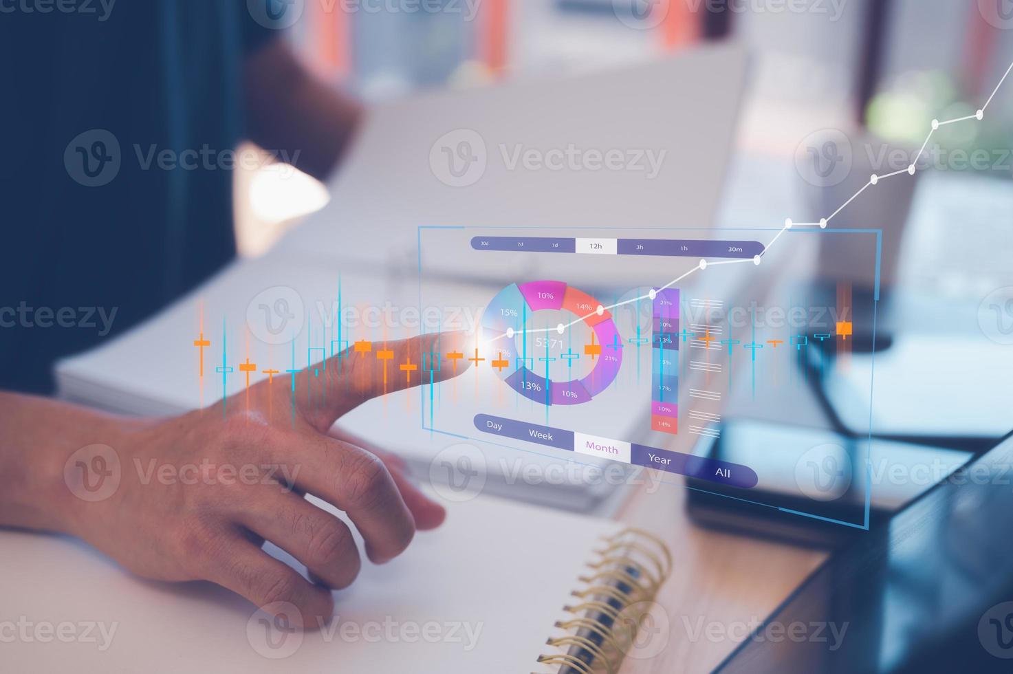 data analysis, man working on paper work and virtual chart, graph, working from home, business planning photo