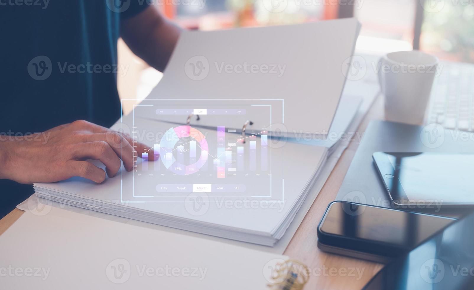 analyst discussion on data charts, Analyst working with Business Analytics and Data Management System, KPI report and metrics connected to database. Corporate strategy for finance, work from home photo