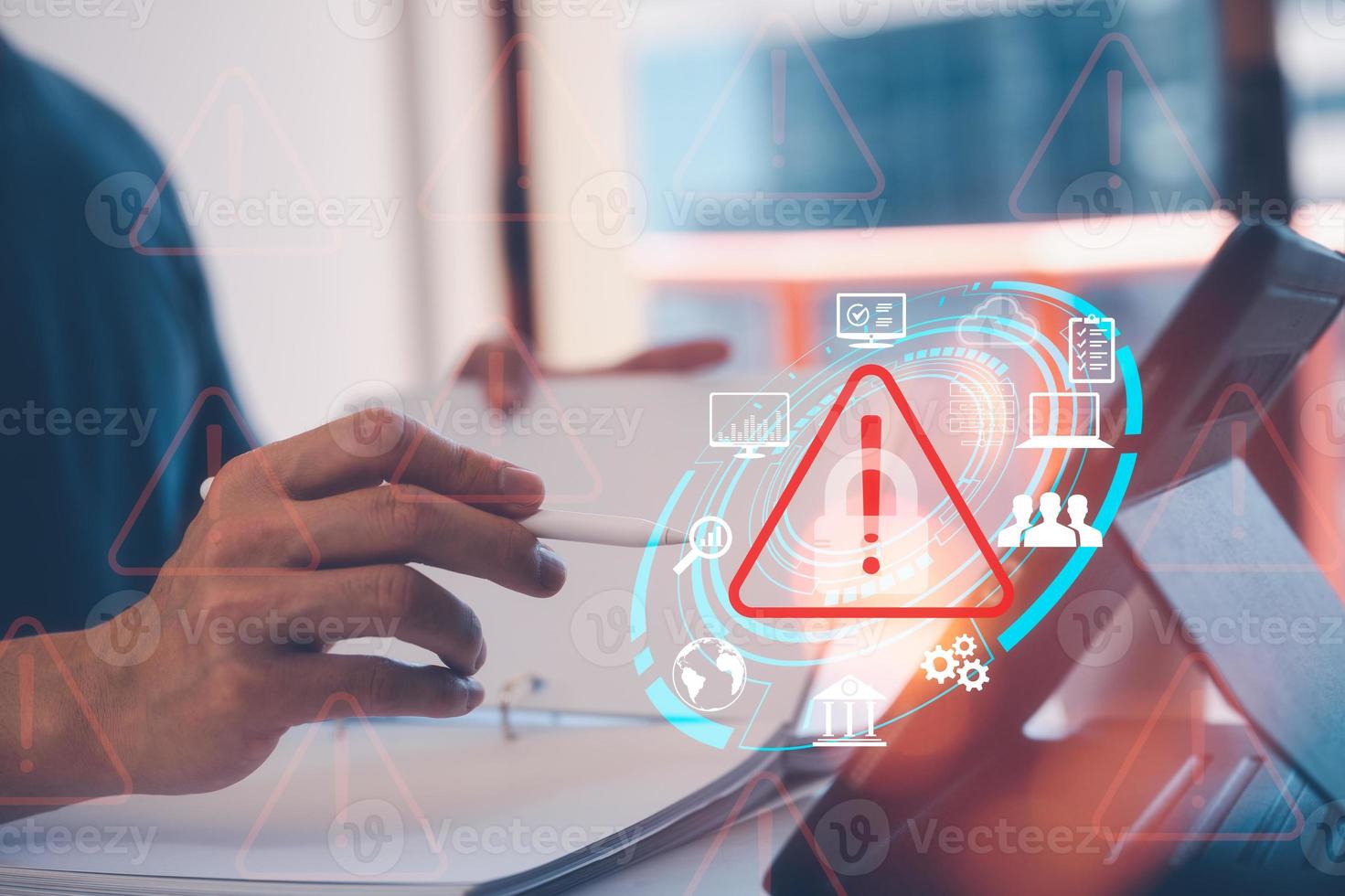 internet network security concept, businessman working on tablet with triangle, warning sign , developer with triangle caution warning sign for notification error and maintenance concept photo