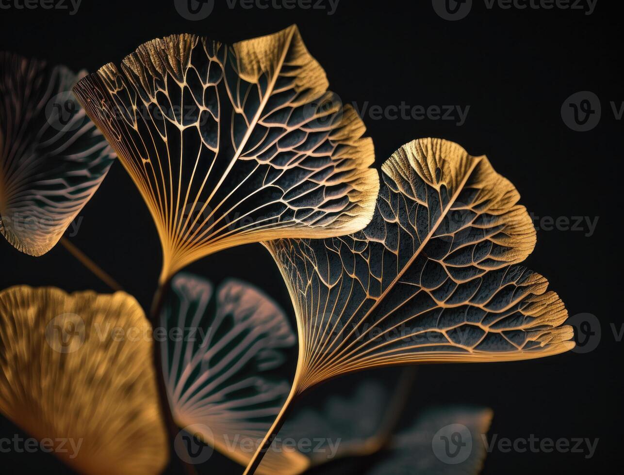 Ginkgo biloba golden leaves Dark background created with technology photo