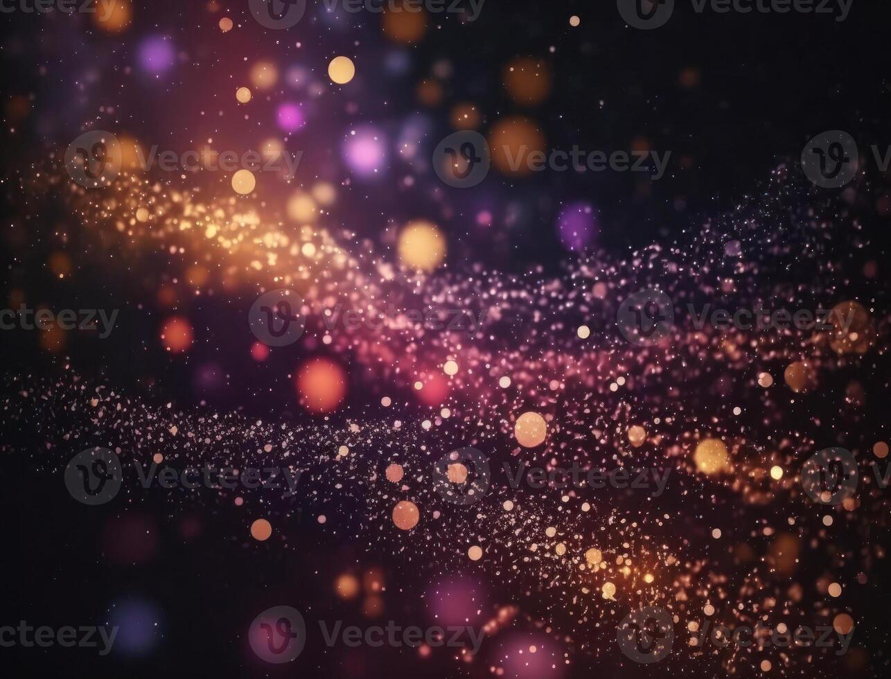 Dark blue and glow particle abstract background Blurry bokeh background with sparkles, particles and glitter created with technology photo