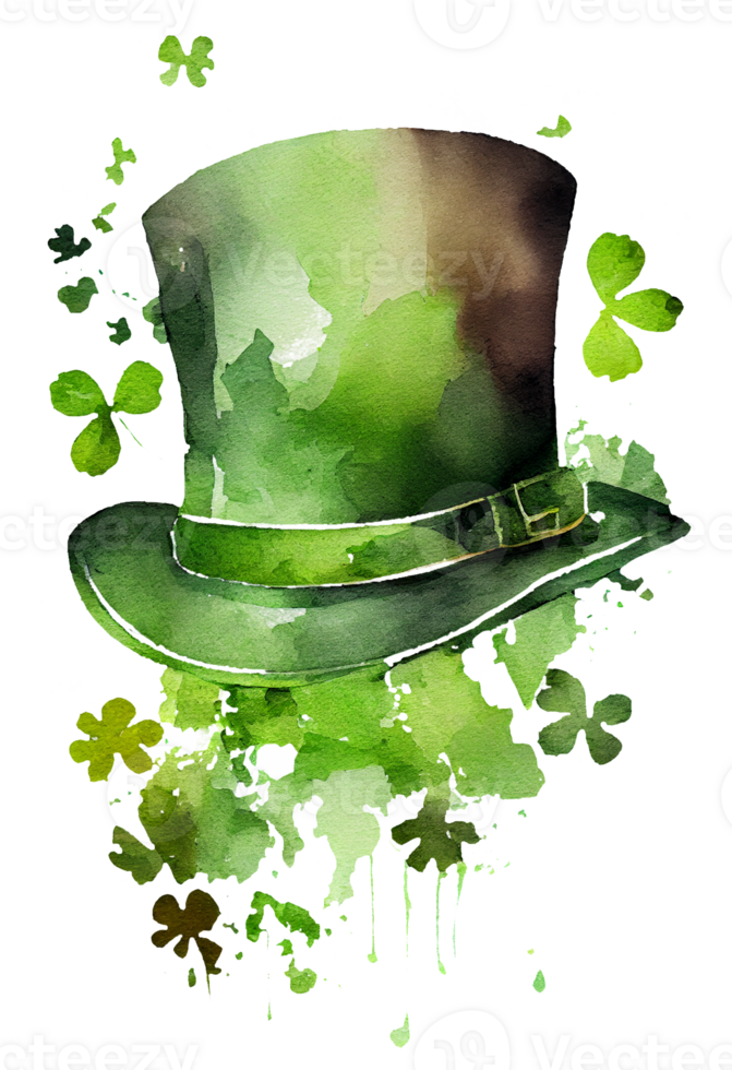 Watercolor Leprechaun Hat with clover leaves, St Patrick's Day Hat. png
