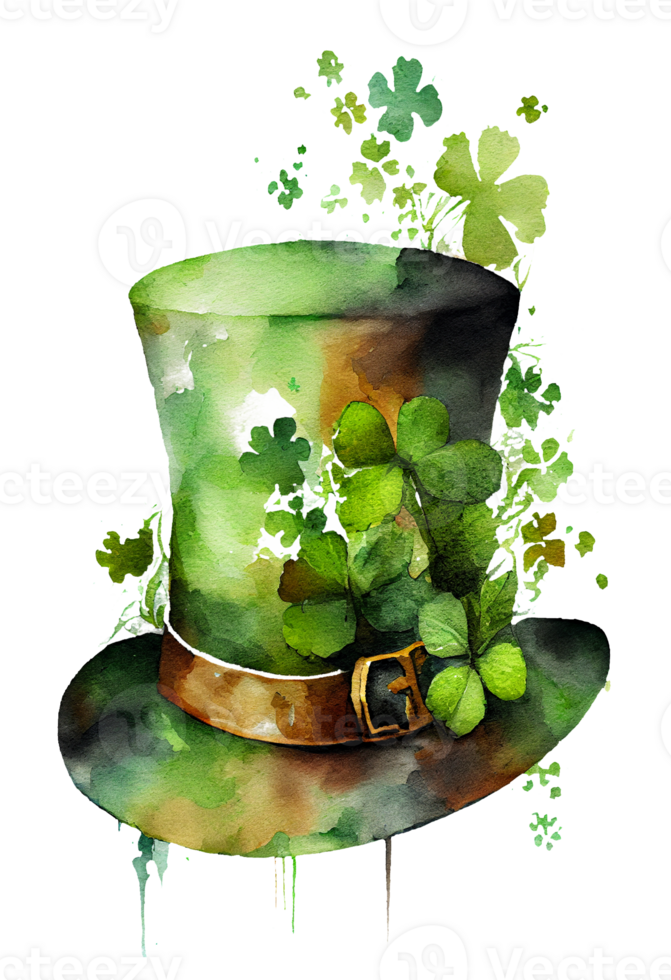 Watercolor Leprechaun Hat with clover leaves, St Patrick's Day Hat. png