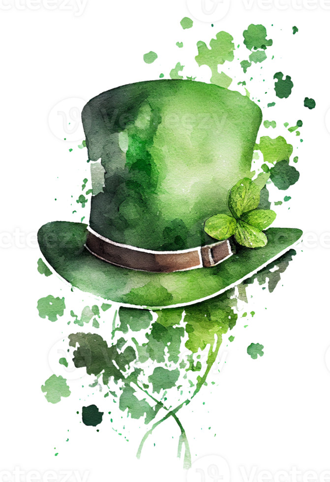Watercolor Leprechaun Hat with clover leaves, St Patrick's Day Hat. png