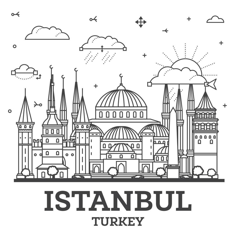 contorno Estanbul Turquía ciudad horizonte con histórico edificios aislado en blanco. Estanbul paisaje urbano con puntos de referencia vector