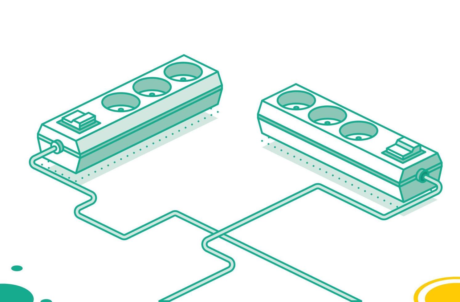 Electrical Power Socket Strip. Vector Illustration. Isometric Outline Concept. Modern Electric Extension Cord. Powerboard with Three Slots.