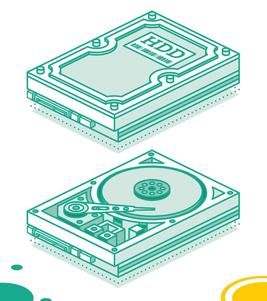 Hard Disk Drive. Isometric Outline Concept. Highly Detailed Open HDD. Isolated Objects. vector