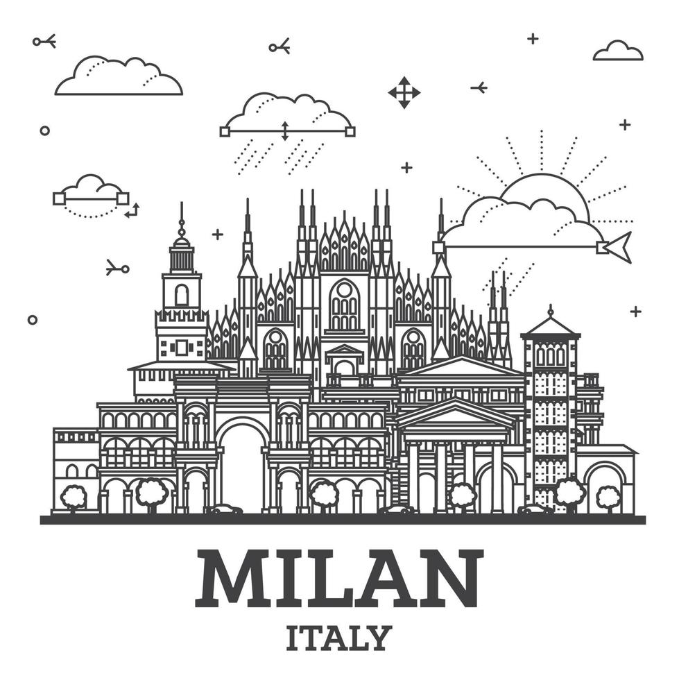 contorno Milán Italia ciudad horizonte con histórico edificios aislado en blanco. Milán paisaje urbano con puntos de referencia vector